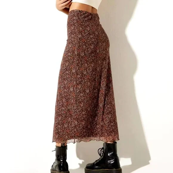 NEW Fairy Grunge Y2K Floral Mesh Midi Skirt Sz M Brown Stretch Pull-On 90s - Picture 4 of 7